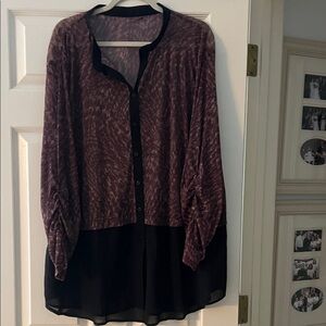 Women's Black and brown Button-Up Top. Sheer long sleeve with rushing!